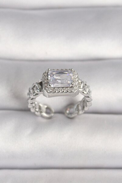 Clariss Brass Silver Color Adjustable Chain Square Zircon Stone Women's Ring