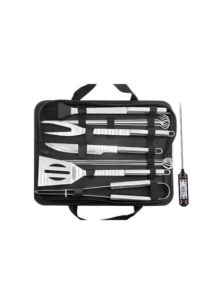 OEM Set 14 Ustensile pentru Gratar cu Termometru, din Otel Inoxidabil, Geanta Oxford, Argintiu