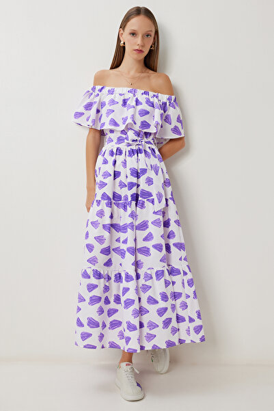 Lovelyİstanbul Rochie țesută cu guler Carmen cu model LFG0100 ALB VIOLET