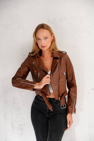 MEYASU Women's Tan Zipper and Belt Detail Leather Jacket