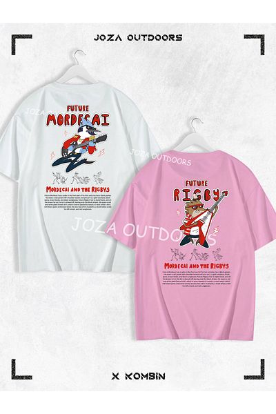 Jobia Outdoors Mordecai Rigby Back Back Printed Lover - Friend Couple Combination Oversize Colorful Tshirt Set of 2