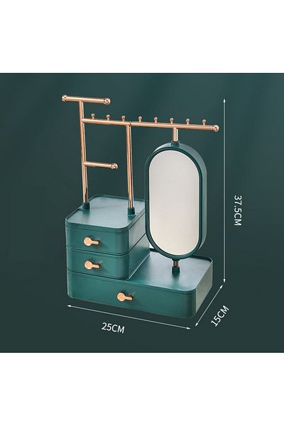 Zen Organizator de bijuterii verde închis cu trei sertare și oglindă