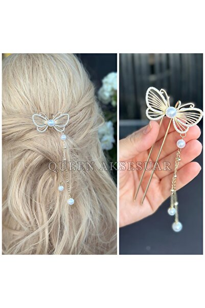 QUEEN AKSESUAR سلسلة فاخرة على شكل فراشة مرصعة باللؤلؤ مع مشبك معدني ذهبي