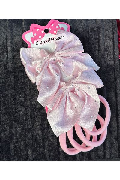QUEEN AKSESUAR Luxury Stoned Satin Clip 2-Piece Bow Buckle 4-Piece Rubber Towel Buckle Set Pink