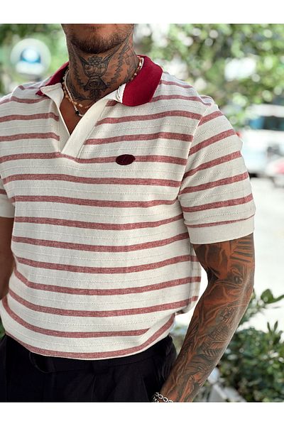 manch collection Colorful Striped Knitwear Polo Neck Claret Red