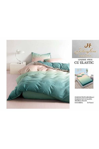 FIONNA.RO Satin Cotton Bed Linen With Elastic - Bicolor Green With Pink
