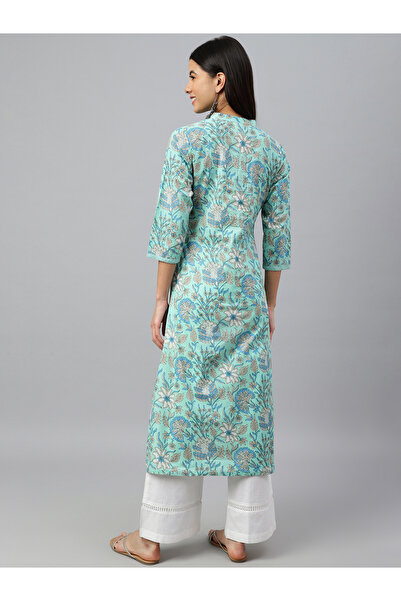 IndHeritage Premium cotton casual kurti - Turquoise kurti / kurta for women with floral prints