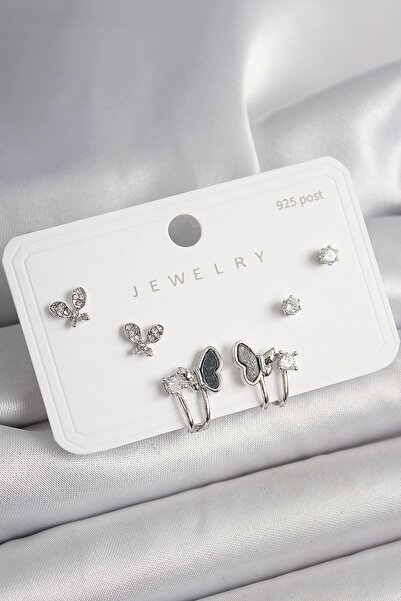 Clariss 925 Ayar Gümüş Çivi Pirinç Gümüş Renk Zirkon Taşlı Kelebek Model Kadı...