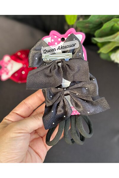 QUEEN AKSESUAR Luxury Stoned Satin Clip 2-Piece Bow Buckle 4-Piece Rubber Towel Buckle Set Black