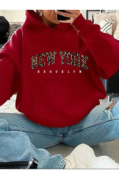 herkesemoda New York Summer Detail Printed Fleece Hooded Sweatshirt
