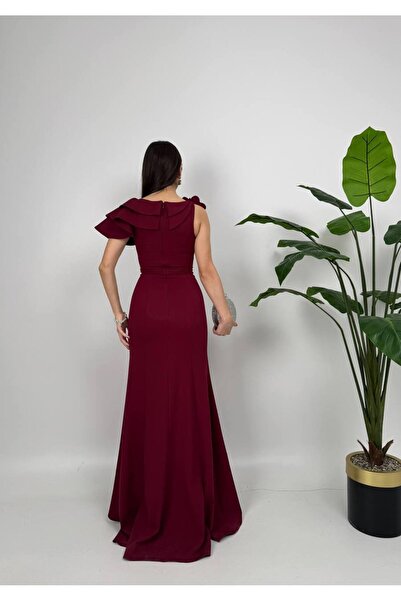 zoezoe Kadın Balık Model Tek Omuzu Volanlı Omuzda Gül detaylı Düğün Davet Mezuniyet elbisesi