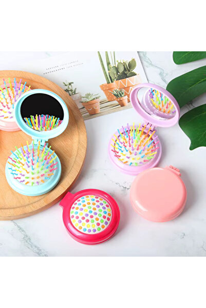 ENQ Plastik Mini Tarak Sevimli Küçük Boy Saç Tarağı Katlanır Aynalı Yuvarlak Cep Saç Tarağı