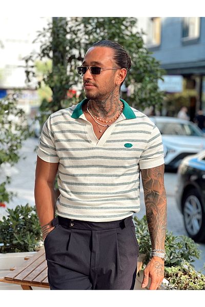 manch collection Colorful Striped Knitwear Polo Neck Green