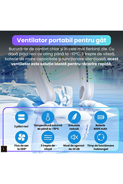 CR LUMI AND GABI Ventilator de gât ultraportabil cu plăci reci, răcire 3D la 720°, 3 viteze, 4 zone de ventilație, baterie 4