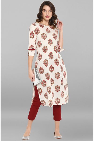 IndHeritage Premium onam cotton office / casual kurti - Dark blue kurti/kurta for women with maroon floral print
