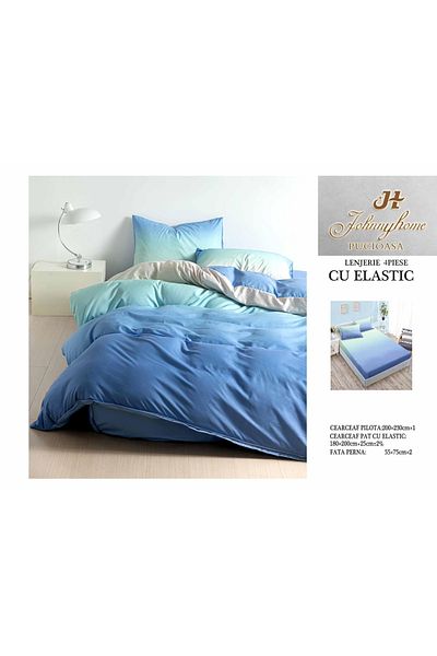 FIONNA.RO Satin Cotton Bed Linen With Elastic - Bicolor Light Blue Green