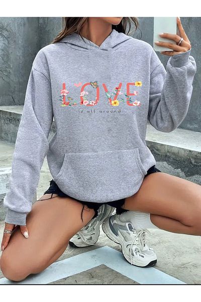 herkesemoda Love Text Detail Printed Fleece Hooded Sweatshirt