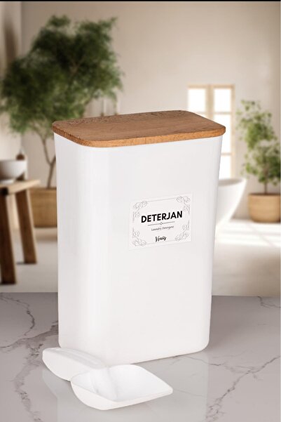 naturelove Ahşap Kapaklı Akrilik Deterjan Kutusu Kabı Kürek Hediyeli
