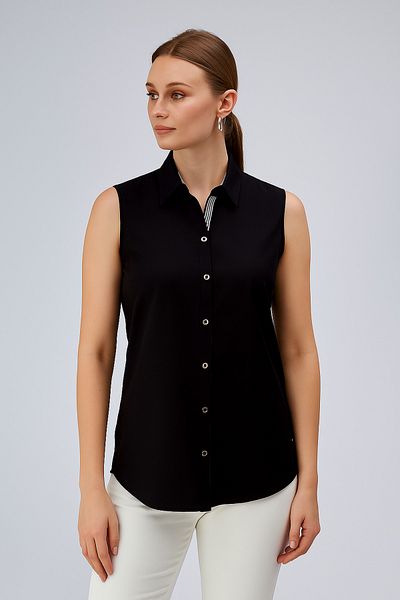 FARQIN Black Cotton Satin Lycra Zero Sleeve King Striped Fabric and Button Detailed Slim Fit Women's Shirt
