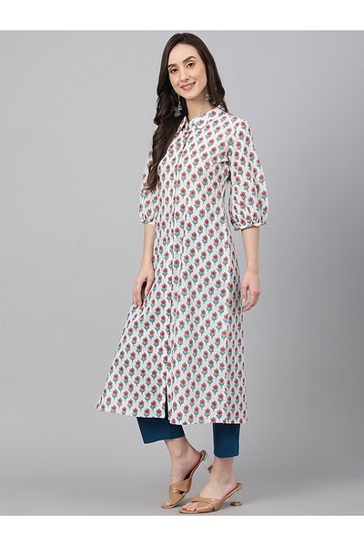 IndHeritage Premium cotton office / casual kurti - White kurti / kurta for women with floral print