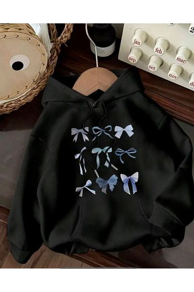 herkesemoda Ribbon Printed Hooded Sweatshirt with Fleece Inside