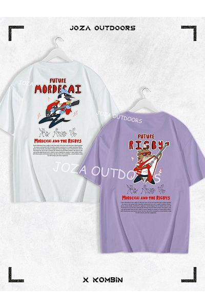Jobia Outdoors Mordecai Rigby Back Back Printed Lover - Friend Couple Combination Oversize Colorful Tshirt Set of 2