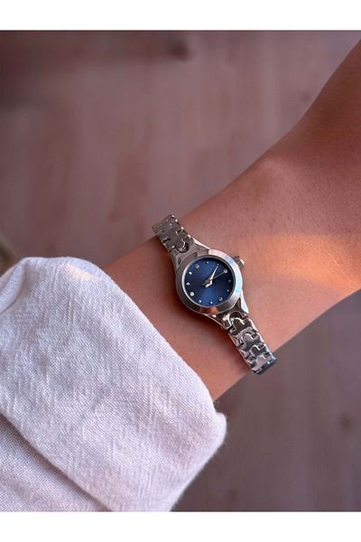 Vola Collection Navy Blue Dial Thin Cord Vintage Steel Silver Minimal Women Wrist Watch - 45