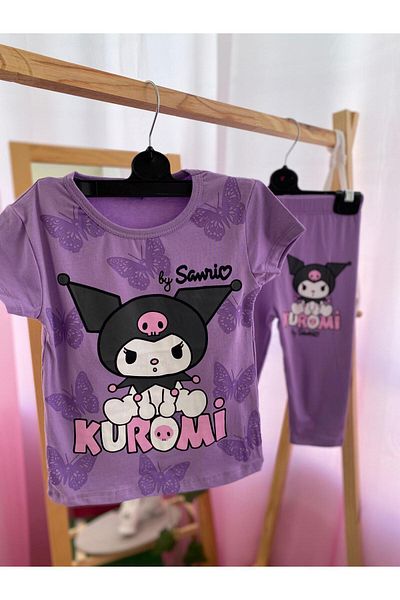 OEM Girl's Kuromi Printed T-Shirt Capri Leggings Set – Purple