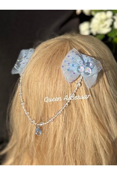 QUEEN AKSESUAR Coroană de piatră autentică de tip bindallı, cu lanț de mărgele, coroană pentru frunte, cu cataramă cu fundă, albastru