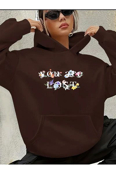 herkesemoda You Are Lost Text Detailed Hooded Sweatshirt