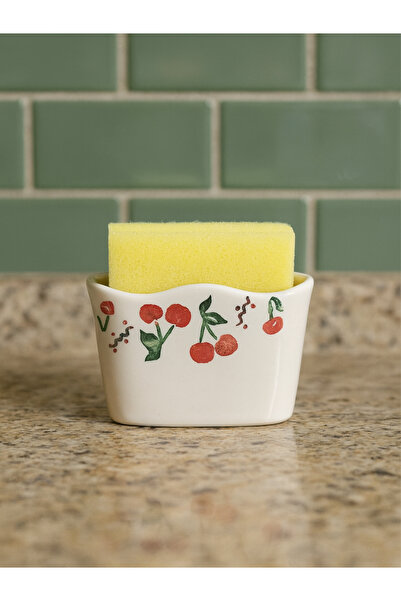 Piatti Naturali Kitchen Set of 2 Cherry Pattern Ceramic Dirty Spoon Holder, Sponge Holder Spoon Rest, Handmade Gift