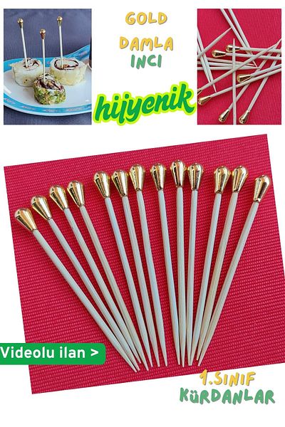 Armashine 40 Pieces Decorative Gold Drop Bead Cake Picks 6 cm - Engagement Promise Cocktail Presentation Picks