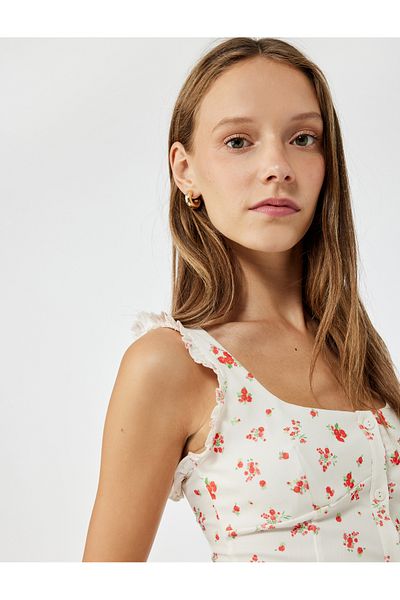 Koton Square Neck Sleeveless Button Floral Blouse