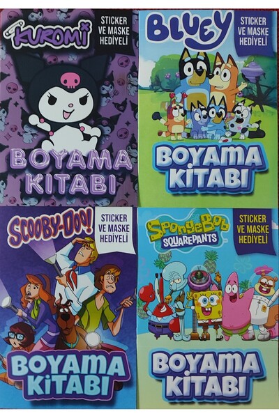 ada çanta kırtasiye 4 adet stickerli boyama kitabı (Kuromi-C/Bluey-B/Süngerbo...