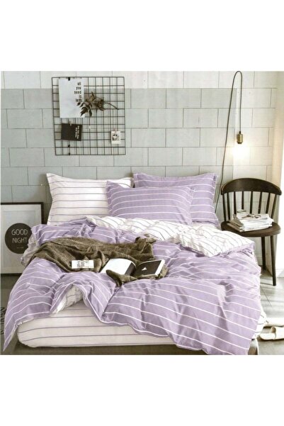 FIONNA.RO Lenjerie De Pat Bumbac Satinat Superior - Mov Alb Cu Dungi