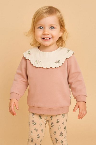 dinamik çocuk Girl's Collar Detailed 2-Piece Set Top-Top Seasonal Long Sleeve 2-3-4-5-6 Years Old