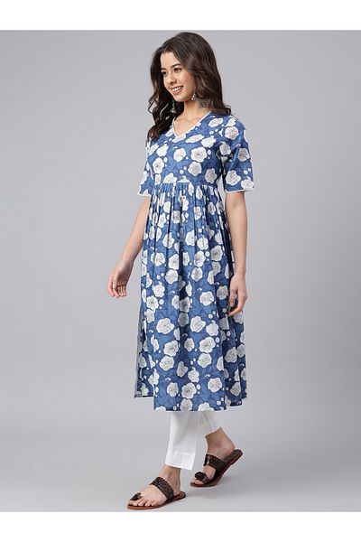IndHeritage Premium casual kurti / dress - Blue kurti / kurta / dress for women with white floral print