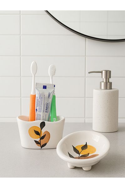 Piatti Naturali 2-Piece Bathroom Set - Fall Pattern Solid Soap Dispenser & Toothbrush Holder, Sponge Holder - Handmade Ceramic Gift