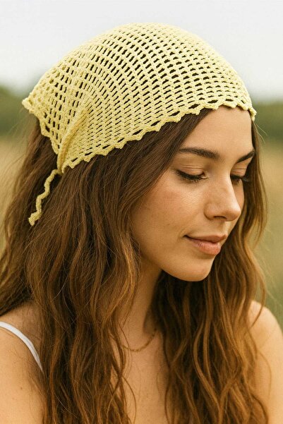 Melanka CEYLİNA Model El Örgüsü Saç Bandanası -Tereyağı Sarısı