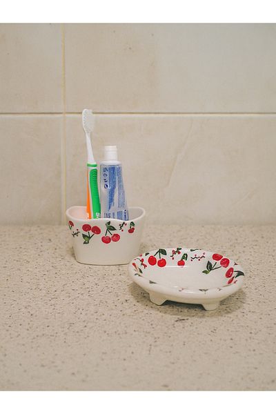 Piatti Naturali 2-Piece Bathroom Set - Cherry Pattern Solid Soap Dish & Toothbrush Holder, Sponge Holder - Handmade Ceramic