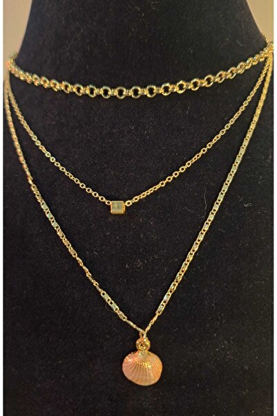 OLEN Set of 3 Gold Color Pink Enamel Detailed Seashell Women's Necklace