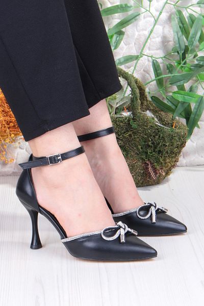 fort 35695 Skin Bow Piping Stone Heeled Evening Dress Shoes Women's Shoes