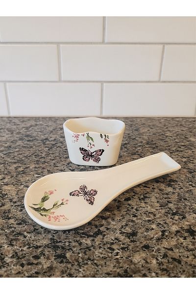 Piatti Naturali Kitchen Set of 2 - Butterfly - Dirty Spoon Holder, Sponge Holder, Spoon Rest - Handmade Ceramic Gift