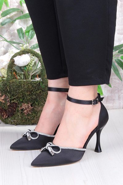fort 35695 Satin Bow Piping Stone Heeled Evening Dress Shoes Women's Shoes