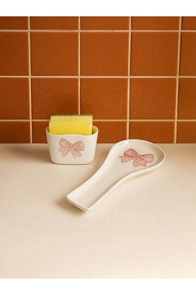 Piatti Naturali Kitchen Set of 2 - Pink Bow Dirty Spoon Holder Sponge Holder, Spoon Rest Handmade Ceramic Gift