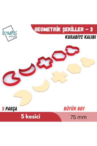 Olympos Atölye Geometric 3 |   Large Size |   75 Millimeters |   5 Pieces |   Cookies - Sugar Dough - Play Dough Mold Set