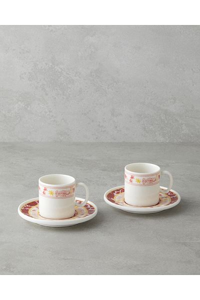 English Home Seris Bone Porcelain 4 Piece Coffee Cup Set for 2 Persons 90 ml Pink - Yellow