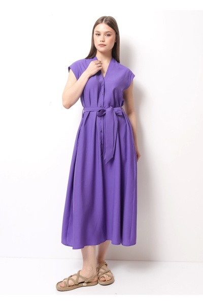 İndigo Blue Şık Yazlık Bel Bağcıklı Mor Kadın Midi Elbise