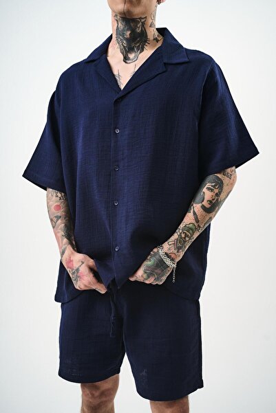 Respire Men's Short Sleeve Oversize Muslin Shirt Navy Blue