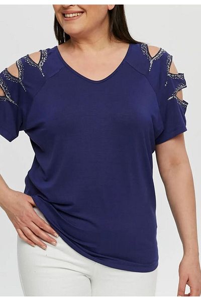 FOR ESRA BIG TREND Women's Plus Size Front Back V Sleeve Laser Cut Sequin Processing Stretchy Blouse